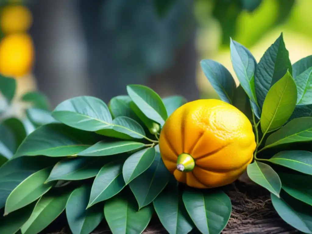 Un limón de Sorrento IGP recién cosechado, con su piel amarilla vibrante y toques de verde, entre hojas verdes de limonero bajo el sol italiano