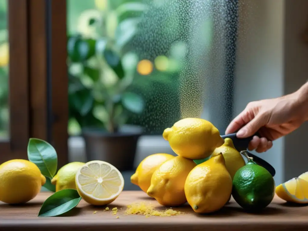 Un limón de Sorrento IGP es zesteado con destreza en una cocina italiana tradicional, bajo la cálida luz del sol