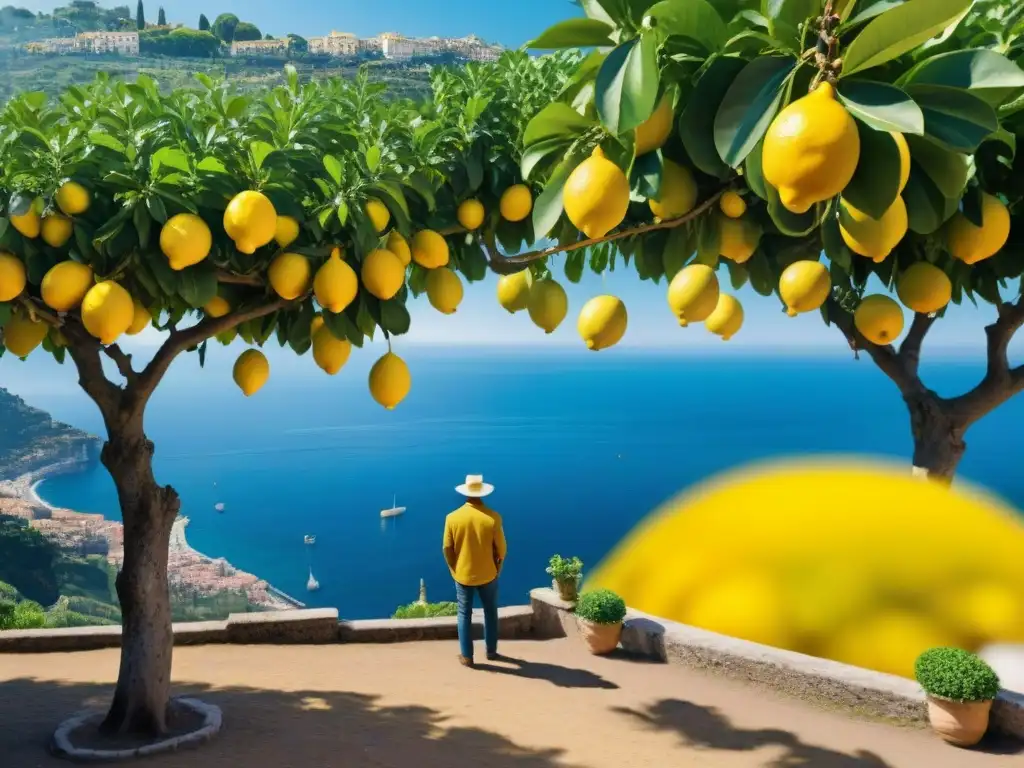 Un limonar bañado por el sol en Sorrento, Italia, revelando los Secretos del Limoncello en Sorrento con un paisaje pintoresco y vibrante