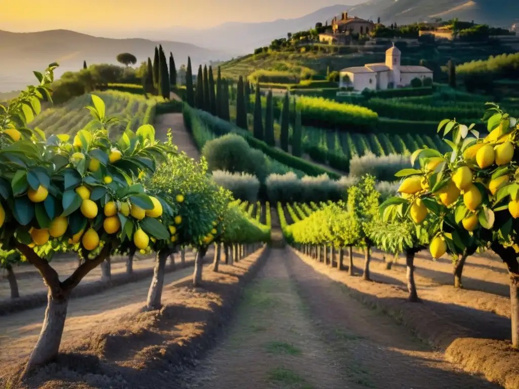 Un limonar italiano al atardecer, con limoneros cargados de frutas amarillas