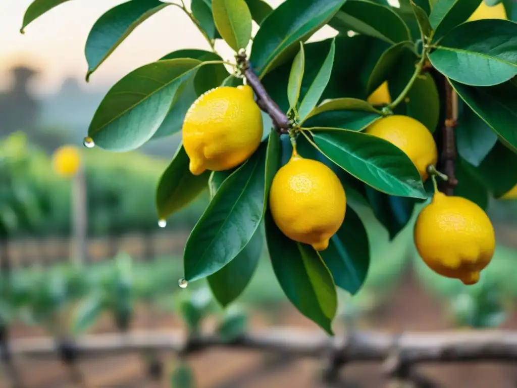 Un limonar italiano al amanecer, con limones brillantes y gotas de rocío, mostrando la vibrante paleta de colores y texturas