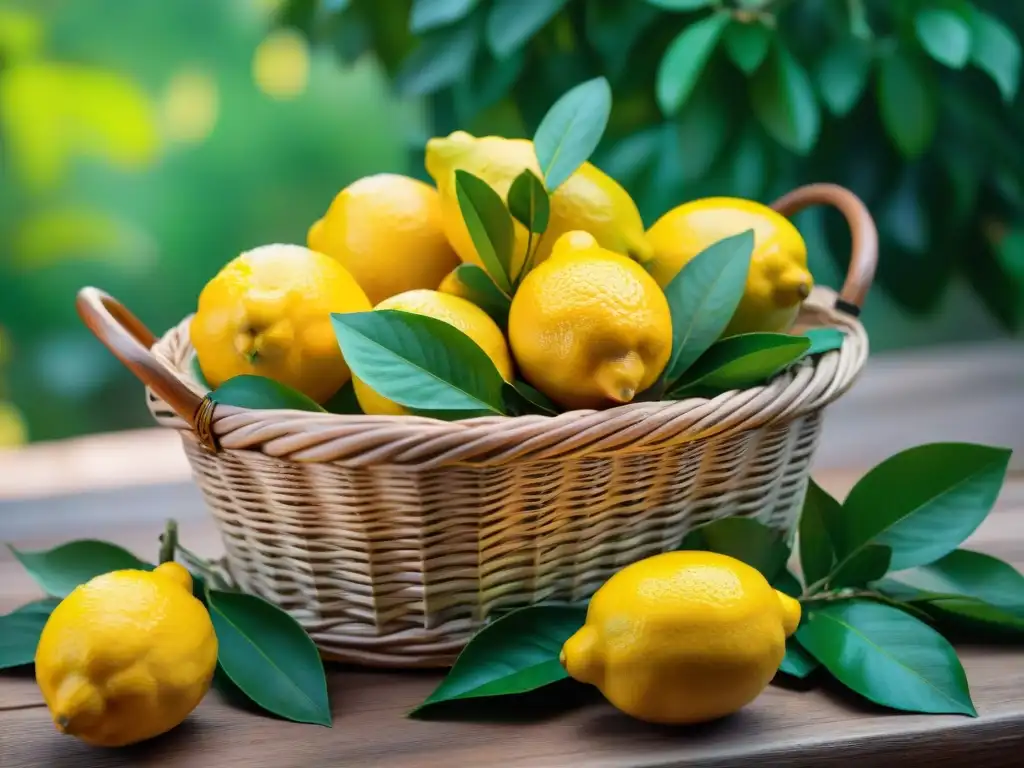 Limoneros cargados de limones amarillos brillantes en una cesta de mimbre, bajo el sol italiano