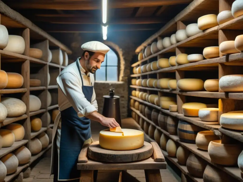 En la histórica quesería de Lombardía, un maestro quesero inspecciona las ruedas de queso envejecidas bajo la luz tenue