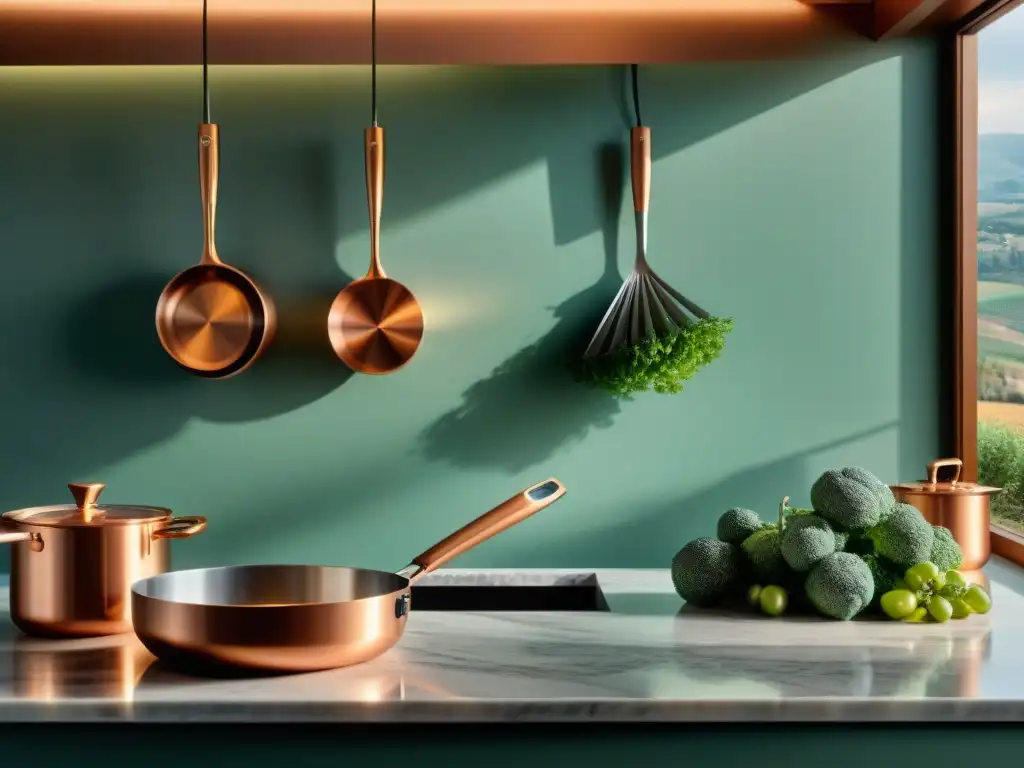 Una lujosa cocina italiana con utensilios de cocina premium en un elegante mostrador de mármol, iluminados con delicadeza