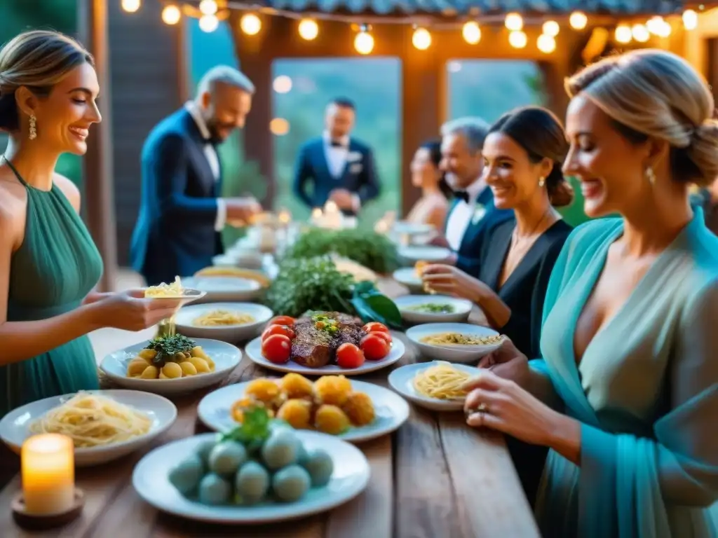 Una lujosa fiesta de bodas italiana con exquisitos platos de pasta, antipasti y postres en un ambiente alegre