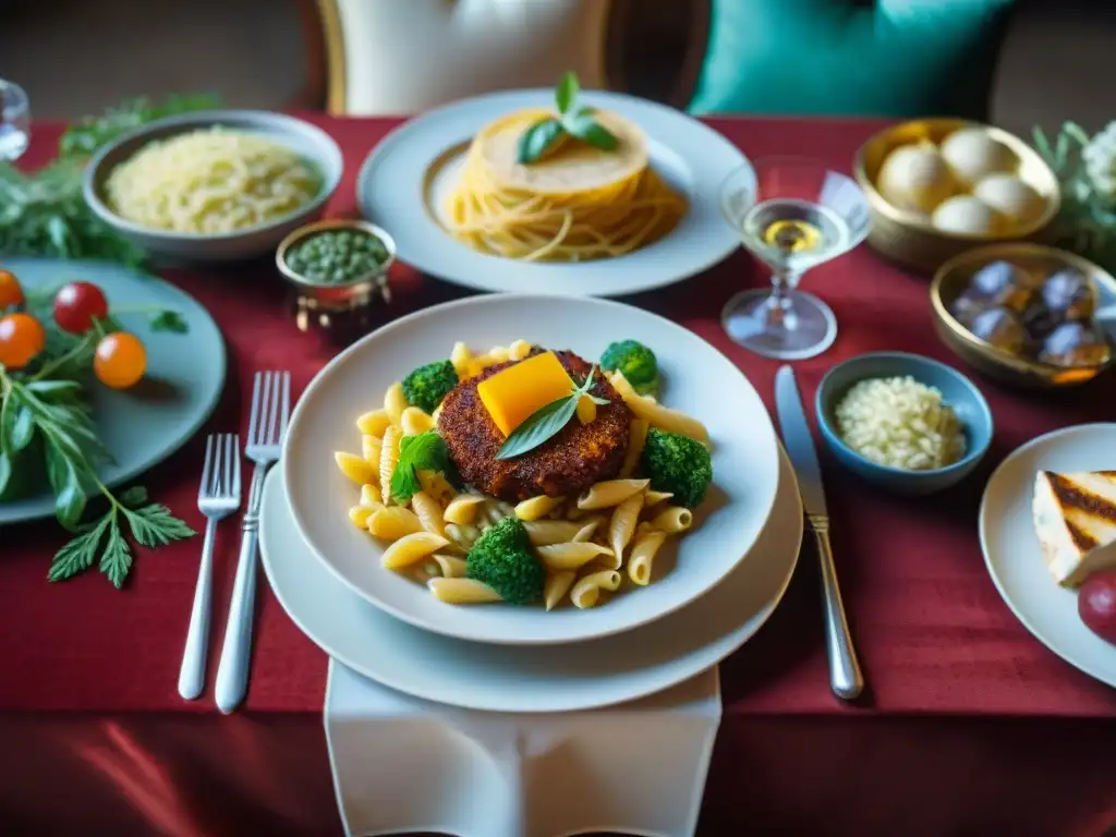 Banquete renacentista italiano: detalle en 8k Una lujosa mesa renacentista con cocina italiana platos tradicionales, nobles elegantes y una atmósfera opulenta