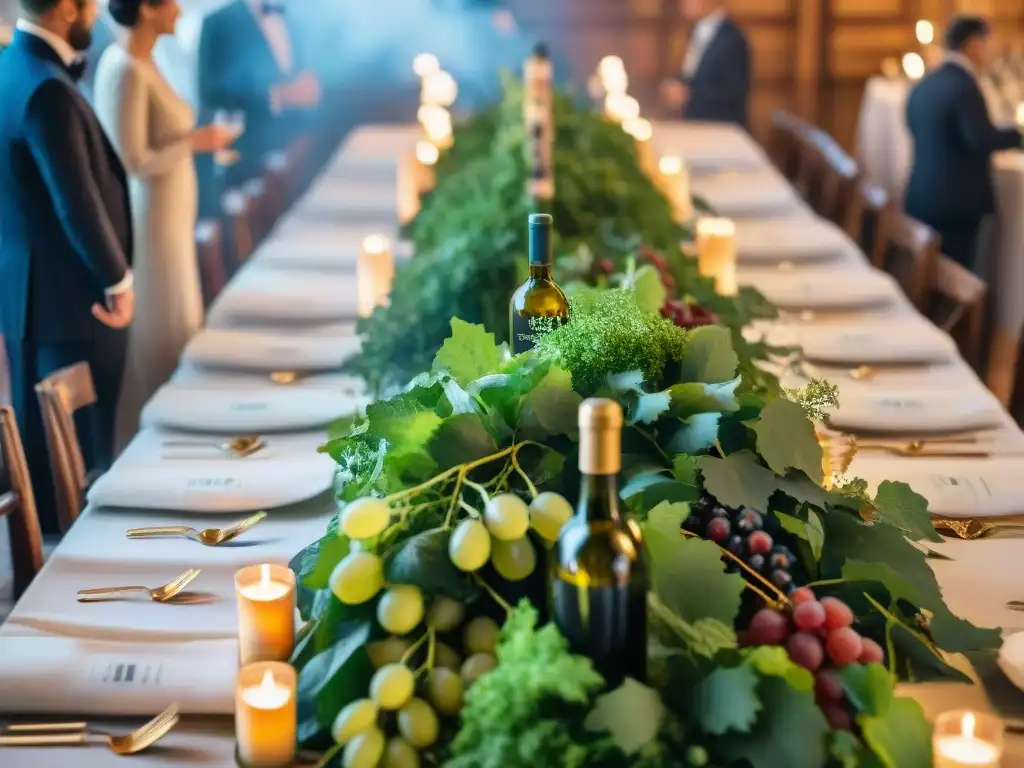 Un lujoso banquete con vinos italianos en una elegante mesa, rodeada de vegetación y velas, con invitados elegantes al fondo