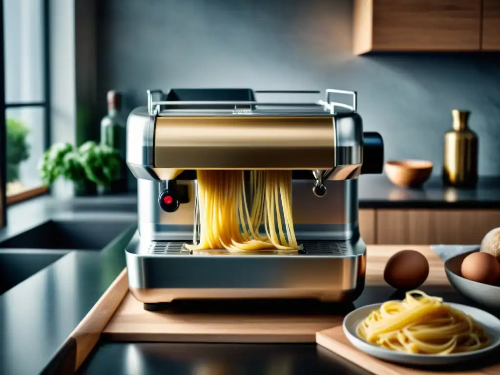 Un lujoso fabricante de pasta en una cocina moderna, rodeado de ingredientes frescos