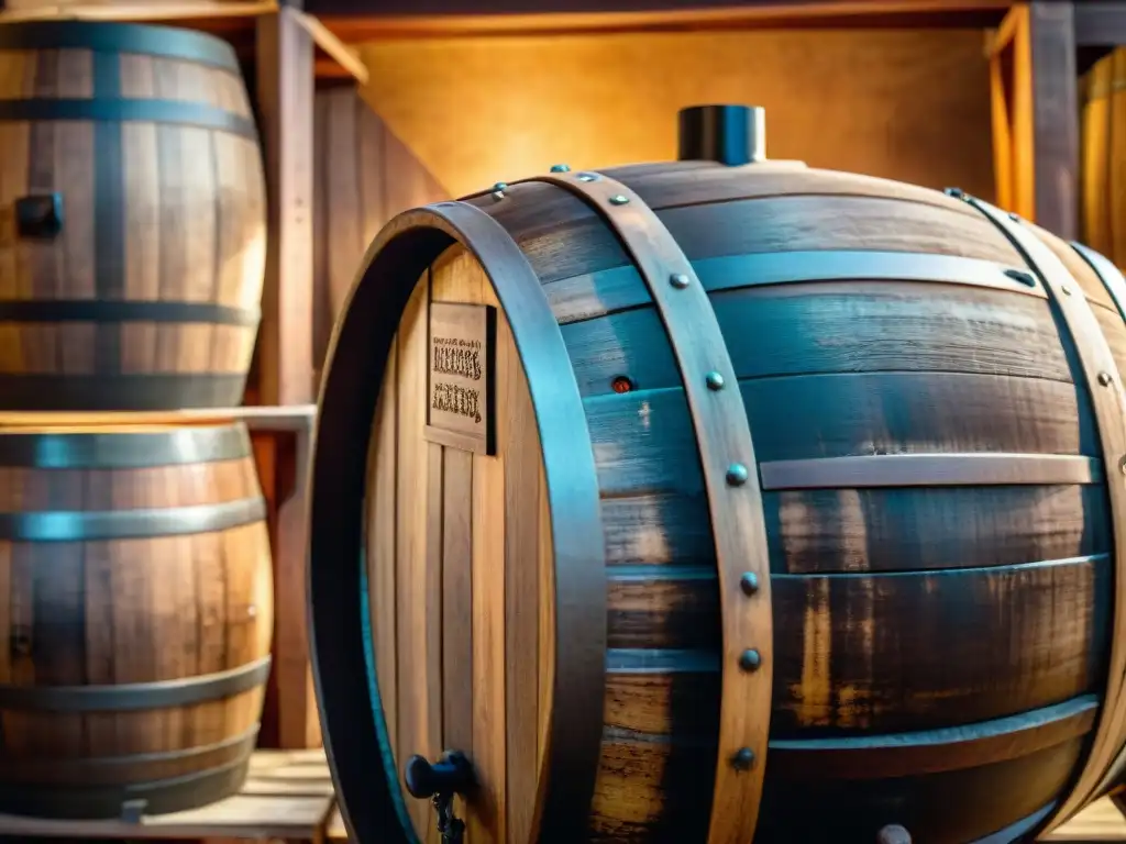 Barrel de madera en bodega rústica con vinagre balsámico tradicional calidad en ambiente íntimo