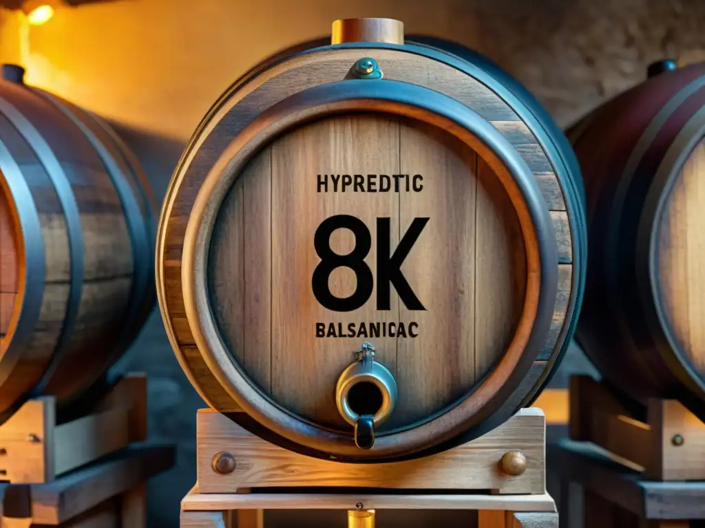 Barrel de madera envejeciendo vinagre balsámico en bodega rústica de Módena, Italia