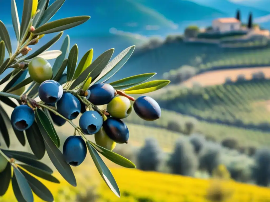 Maduras aceitunas brillan bajo el sol mediterráneo en un árbol de oliva exuberante