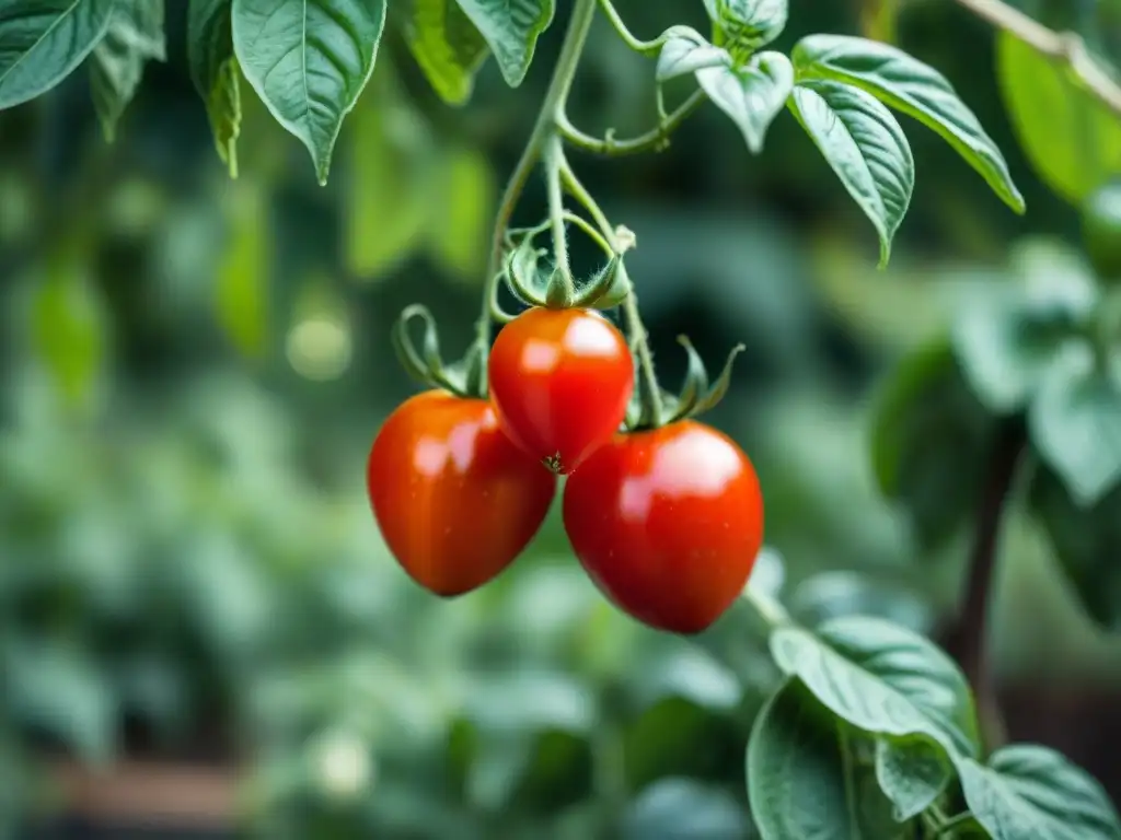 Maduros tomates San Marzano colgando de la vid en un huerto urbano, bañados por el sol