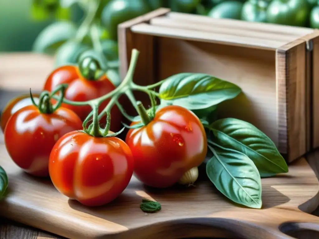 Maduros tomates San Marzano en su rama, junto a superalimentos italianos huerto urbano en caja de madera