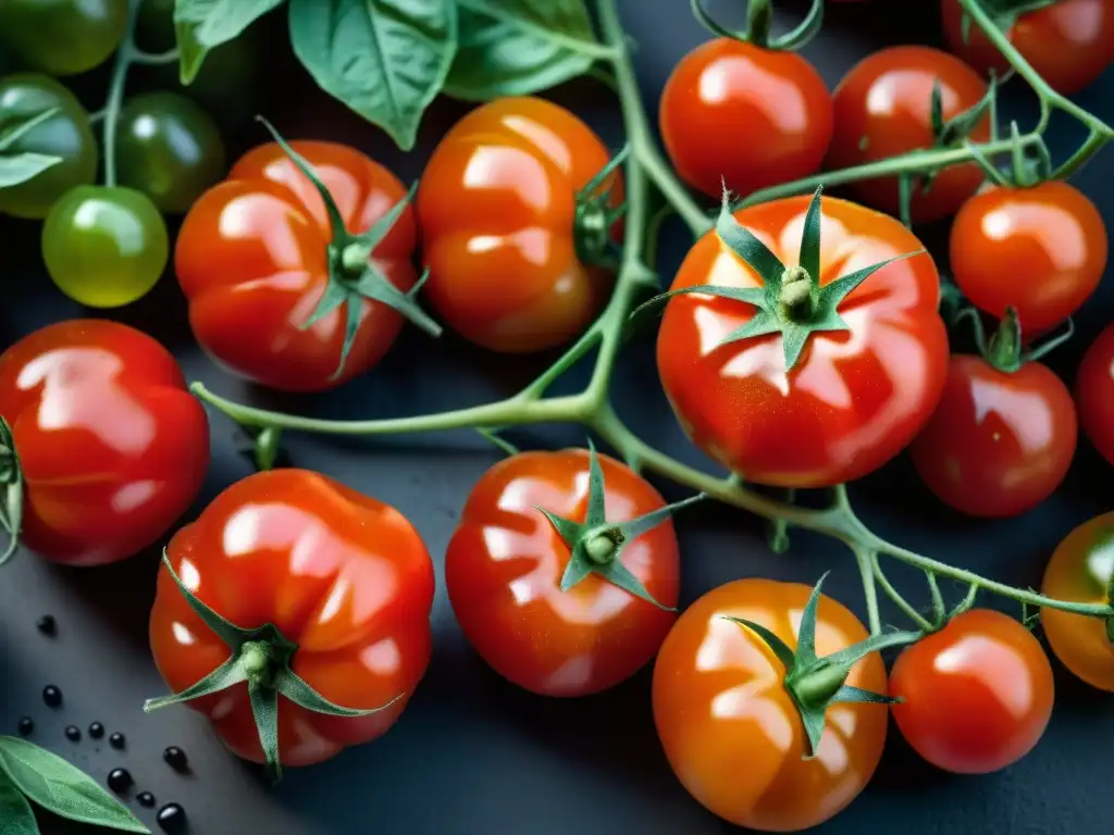 Maduros tomates San Marzano en la vid, jugosos y frescos bajo luz natural