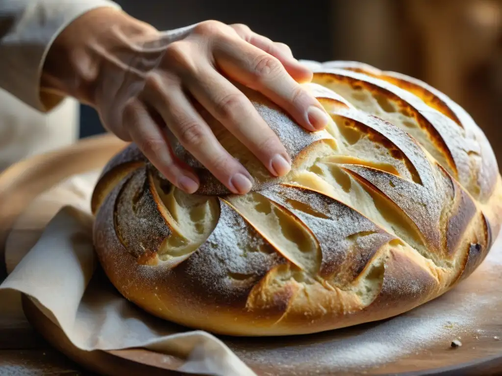 Elaborando con maestría una hogaza rústica de masa madre italiana, mostrando la artesanía y tradición en panadería