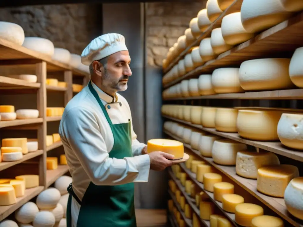 Un maestro afinador de quesos italianos inspecciona con delicadeza las ruedas de queso envejecido en una bodega tradicional, mostrando las técnicas de afinación de quesos italianos