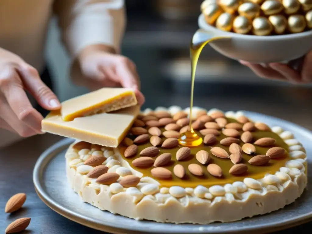 Un maestro artesano esparciendo almendras tostadas sobre nougat con miel, mostrando la técnica de preparación del Torrone italiano