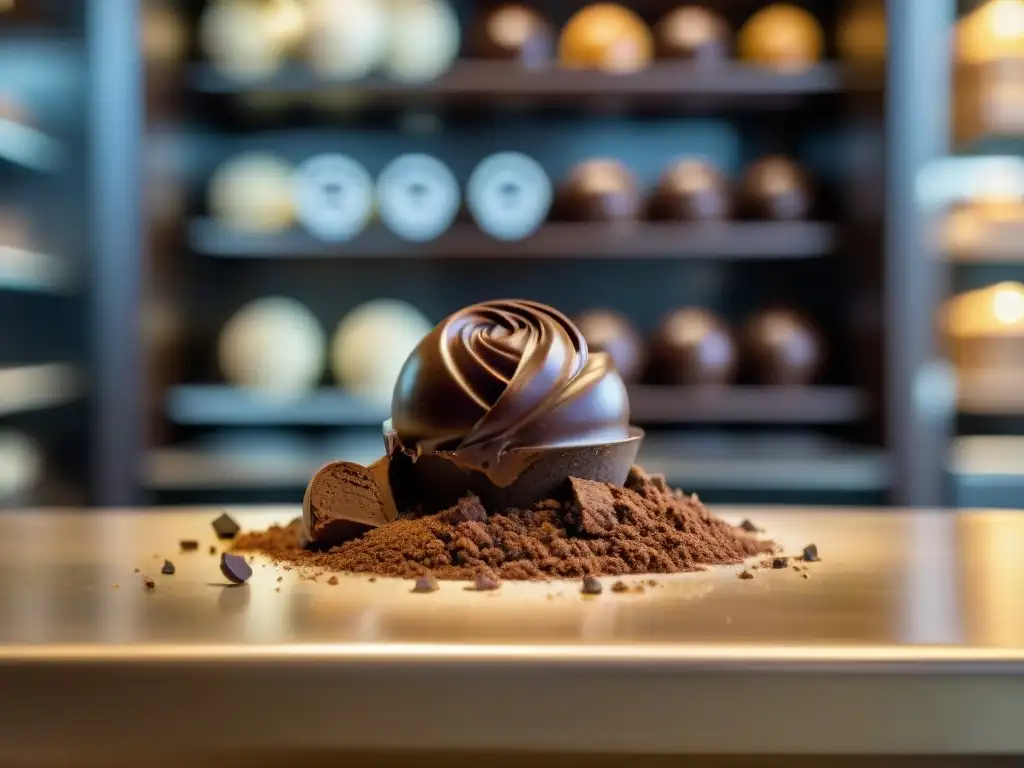 Un maestro artesano elaborando con amor un exquisito helado de chocolate negro, creando una atmósfera cálida y apetitosa en una heladería tradicional