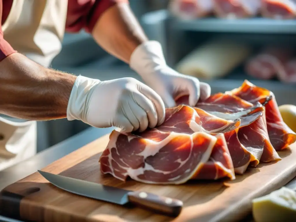 Un maestro artesano corta con precisión el exceso de grasa de una pierna de Prosciutto di Parma en el Festival Prosciutto di Parma 2021