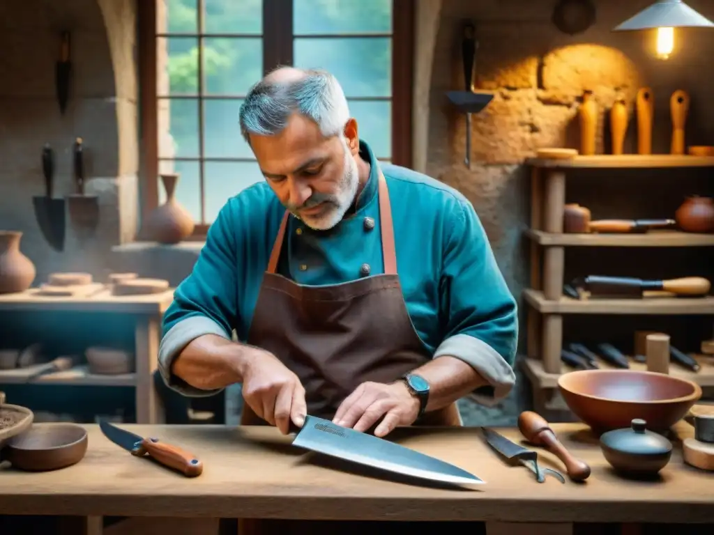 Un maestro artesano crea cuchillos en un taller italiano en la Toscana, evocando tradición y maestría en la cocina