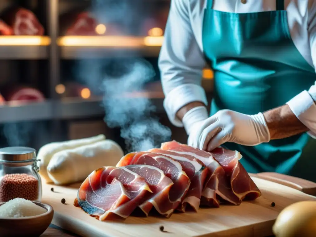 Un maestro artesano realiza el curado de prosciutto con técnicas modernas, resaltando la destreza y tradición