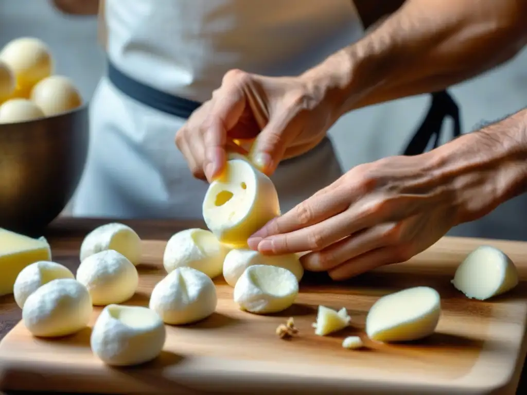 Un maestro artesano moldea con destreza los curds de mozzarella vegana italiana, creando la receta perfecta