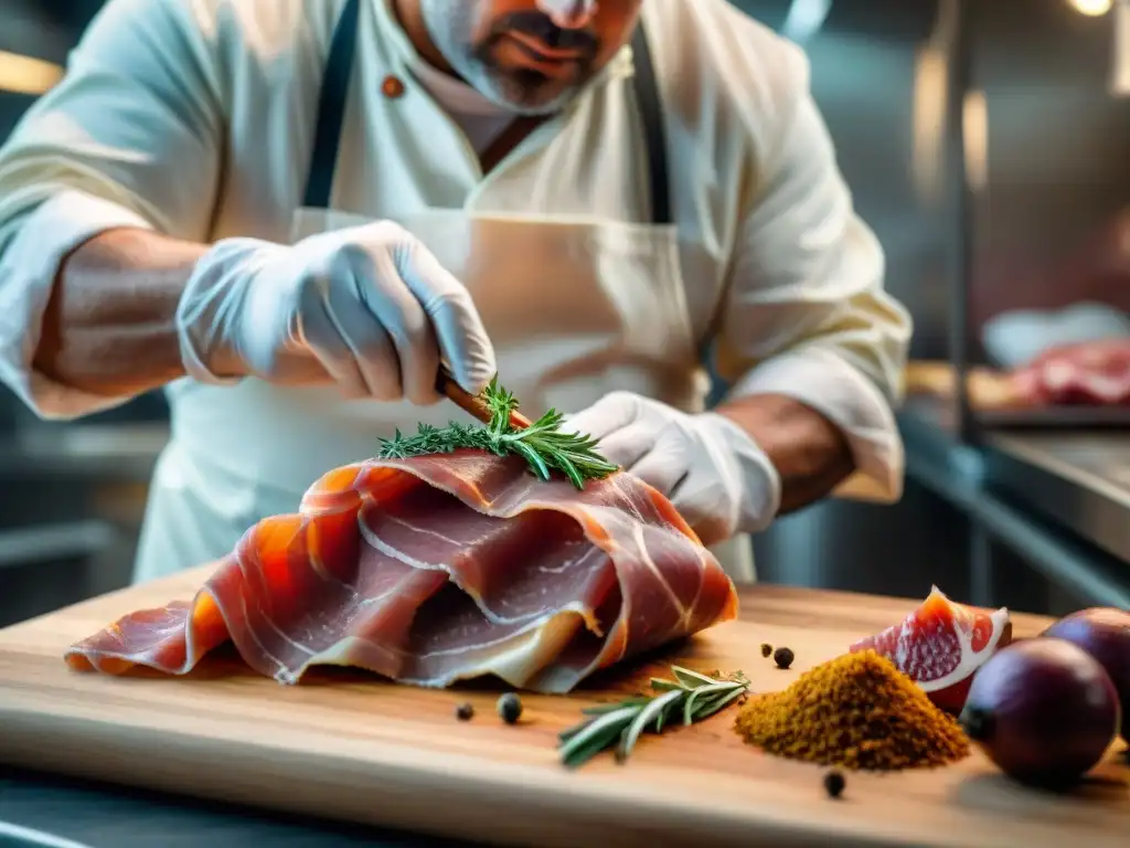 Un maestro artesano aplica con precisión especias y hierbas a una pierna fresca de prosciutto, destacando las técnicas modernas de curado