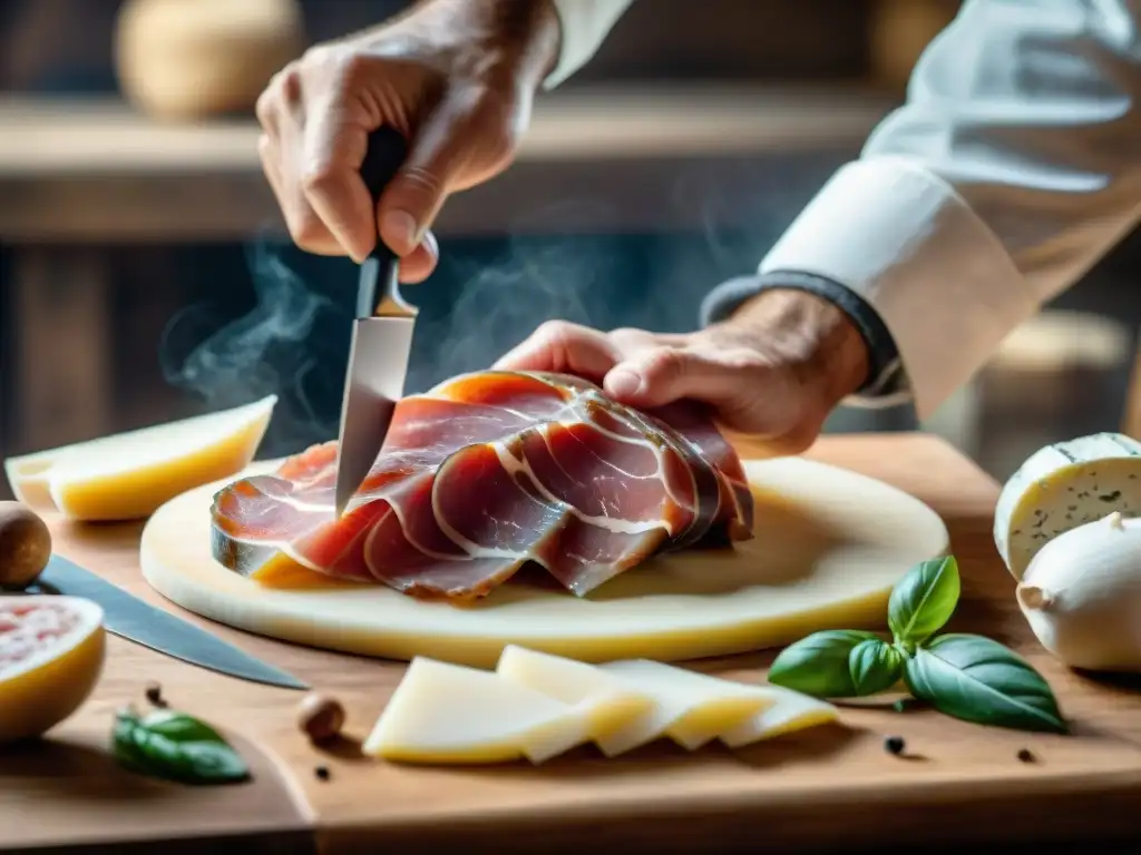 Un maestro artesano cortando finas capas de Prosciutto di Parma, resaltando el origen y preparación de esta delicadeza italiana