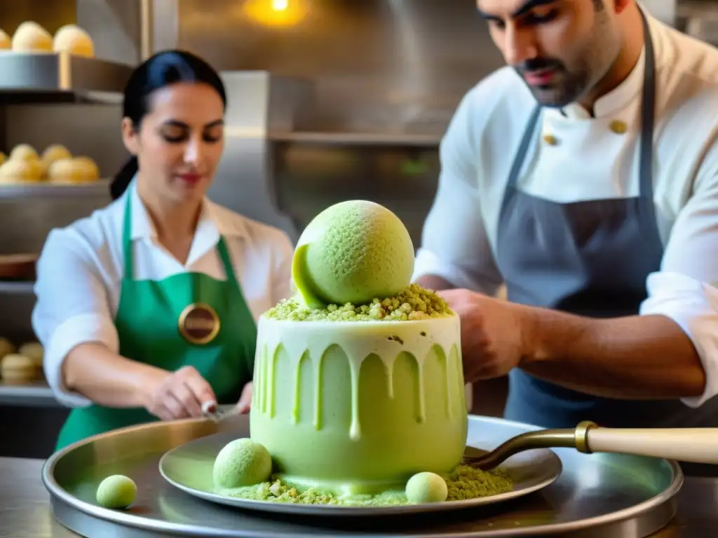 Un maestro artesano en Sicilia preparando gelato de pistacho, junto a herramientas tradicionales y un paisaje soleado