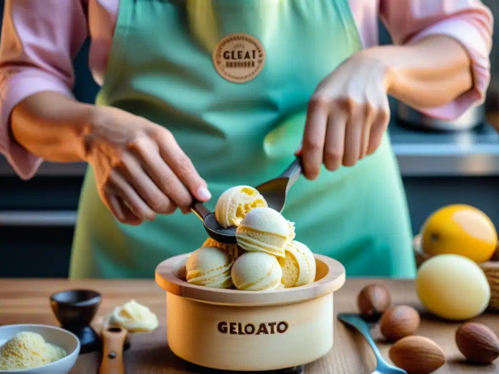 Un maestro artesano prepara gelato vegano en un antiguo recipiente de madera, con ingredientes frescos