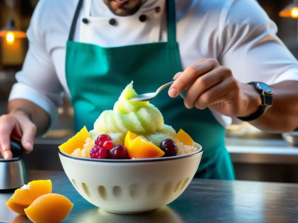 Un maestro artesano prepara una granita tradicional siciliana bajo el cálido sol, con frutas frescas