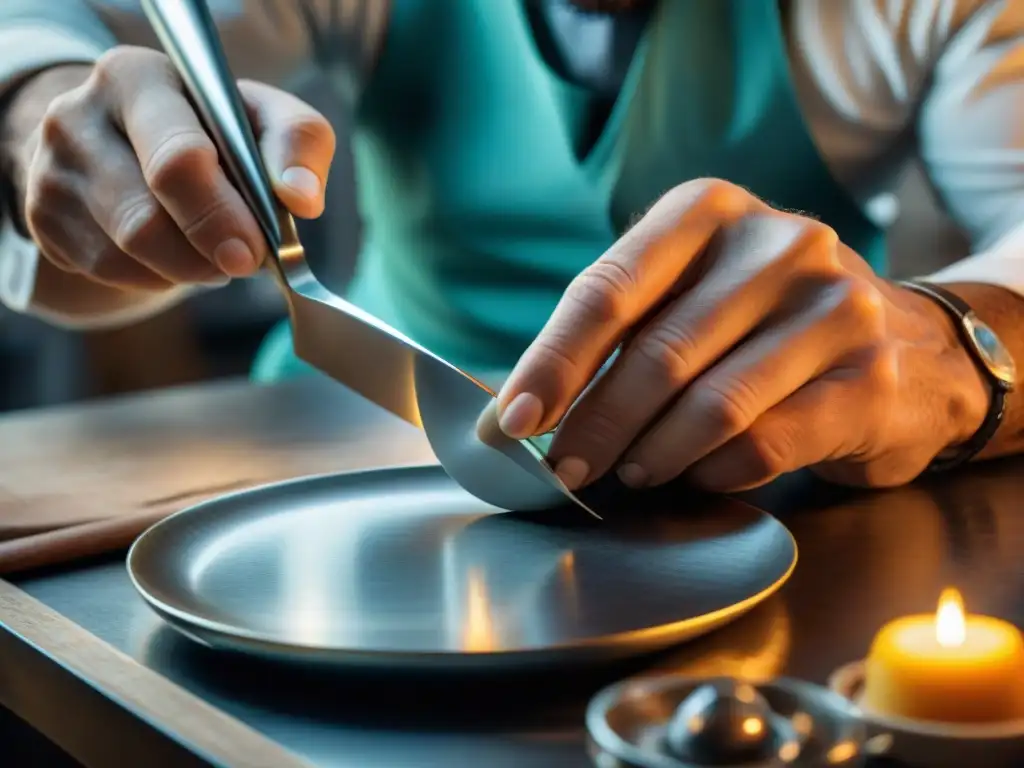 Un maestro artesano italiano creando con destreza cubertería italiana diseño auténtico en un taller tradicional