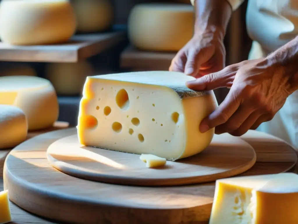 Un maestro artesano italiano moldea con detalle un queso Parmigiano Reggiano, resaltando la tradición y la legislación productos DOP IGP Italia