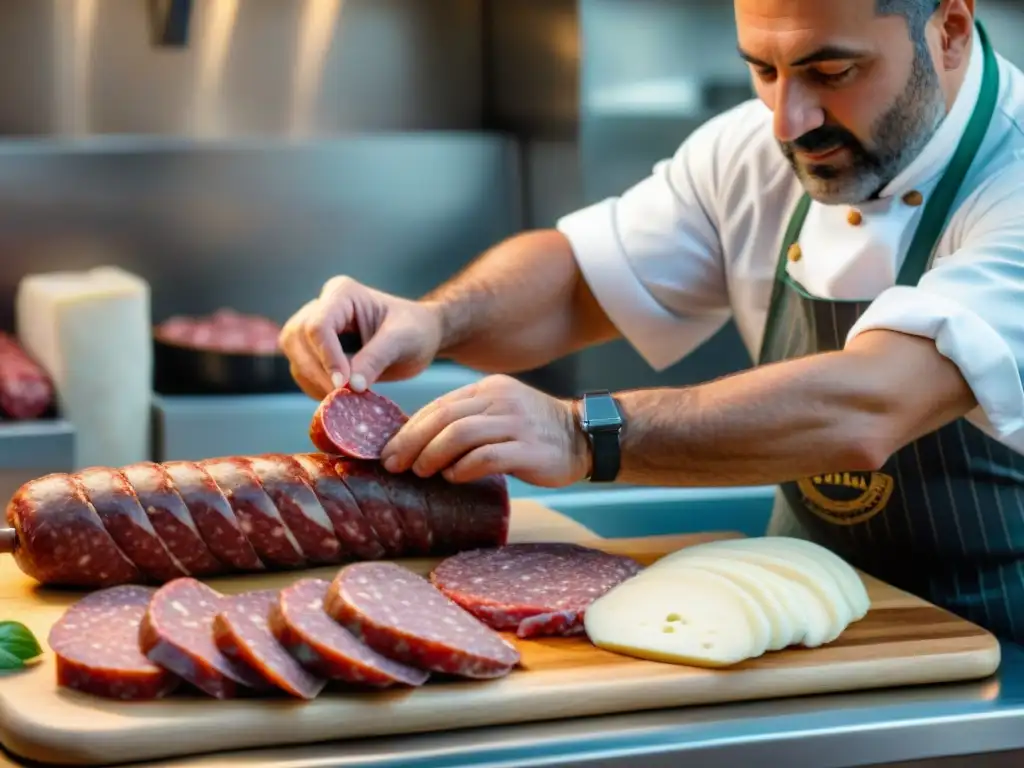 Maestro artesano italiano elaborando embutidos tradicionales con dedicación y destreza