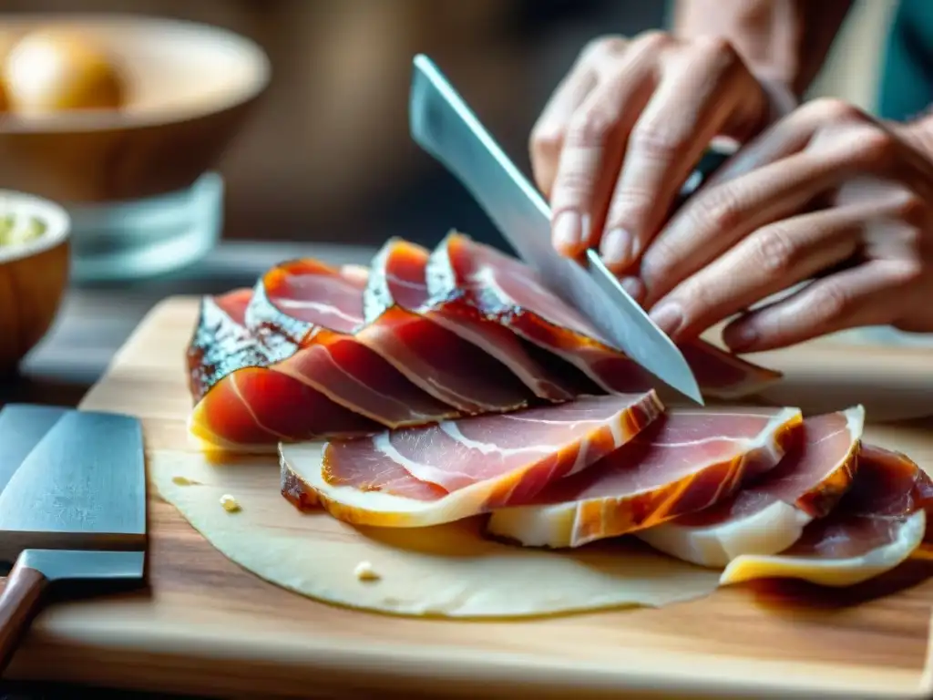 Un maestro artesano italiano cortando finas lonchas de Prosciutto di Parma gourmet mundial