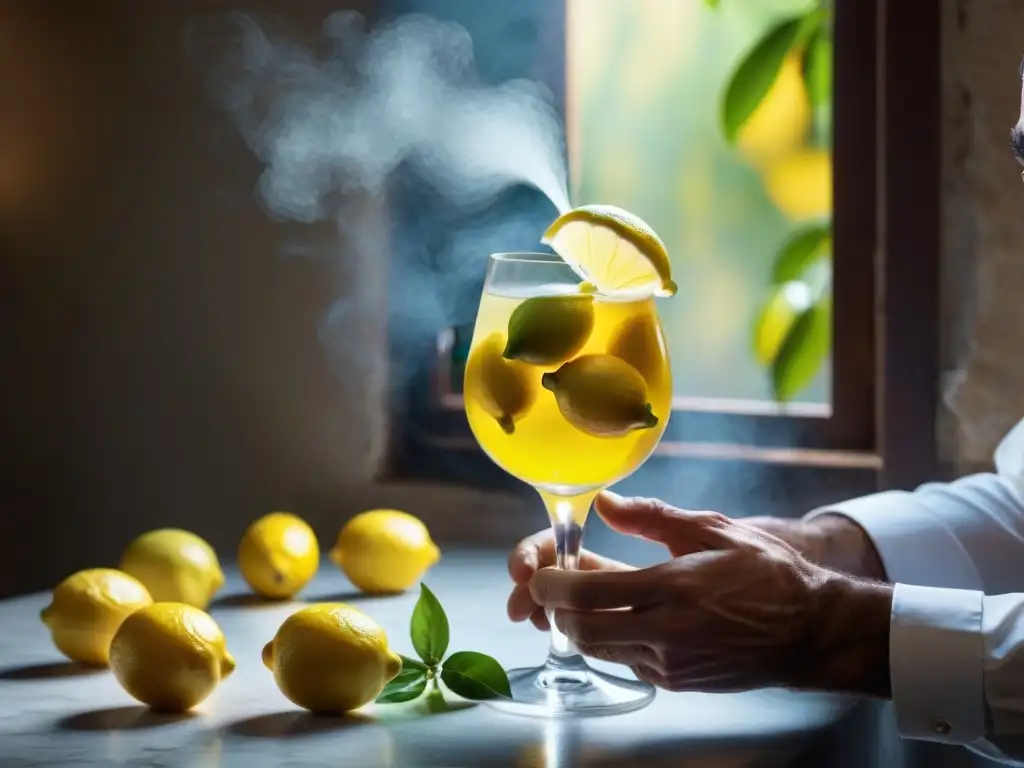 Un maestro artesano italiano elaborando limoncello con precisión y dedicación