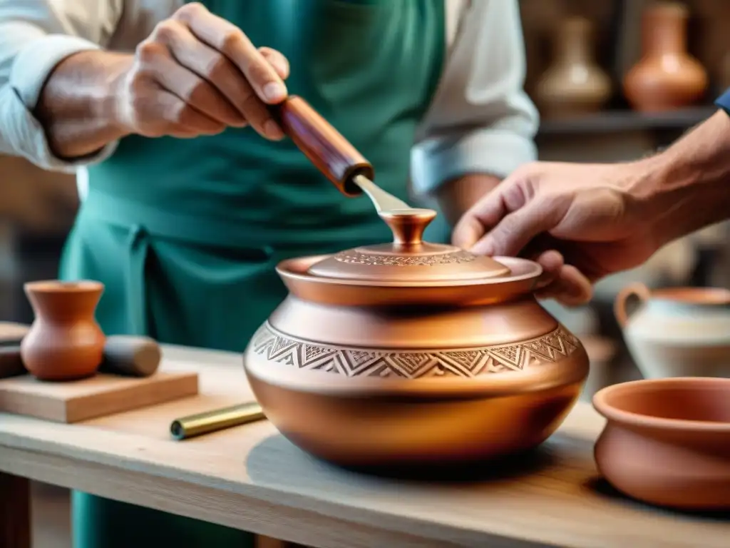 Un maestro artesano italiano crea una olla personalizada de calidad, con detalles únicos y elegantes en un taller tradicional de Italia