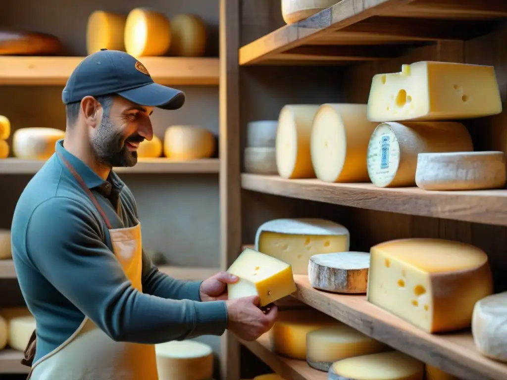 Un maestro artesano en los Alpes italianos moldea con destreza una rueda de queso Fontina en una bodega rústica iluminada, destacando el sabor único de la Fontina