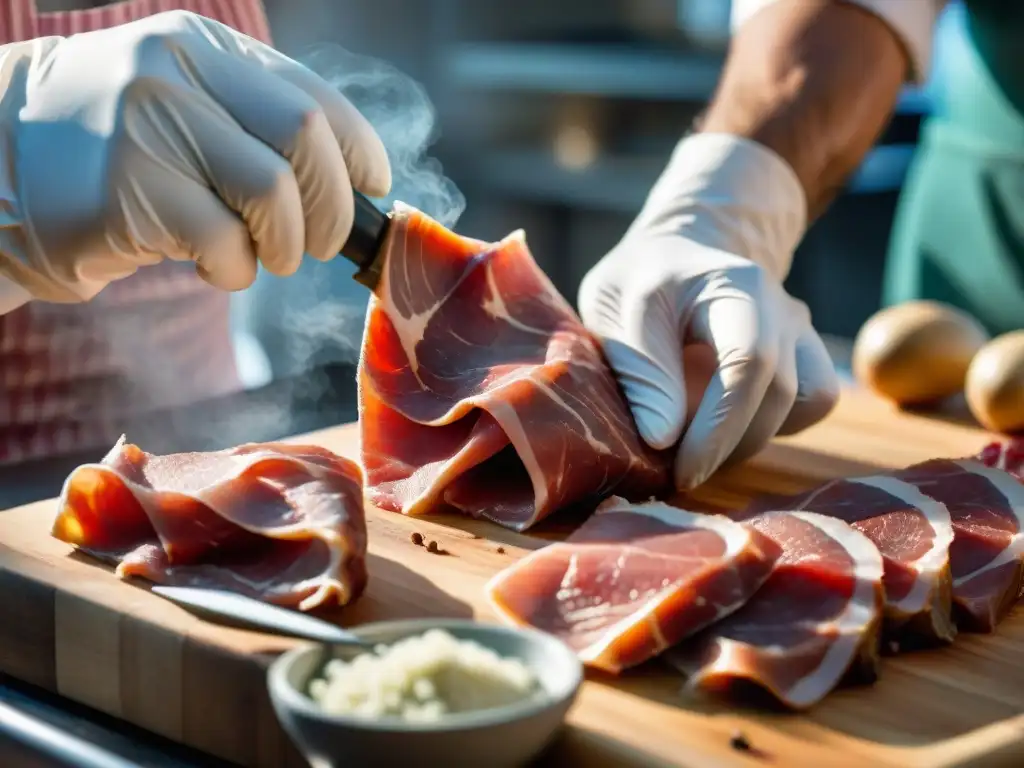 Un maestro artesano aplica modernas técnicas de curado a prosciutto en una escena detallada y emotiva