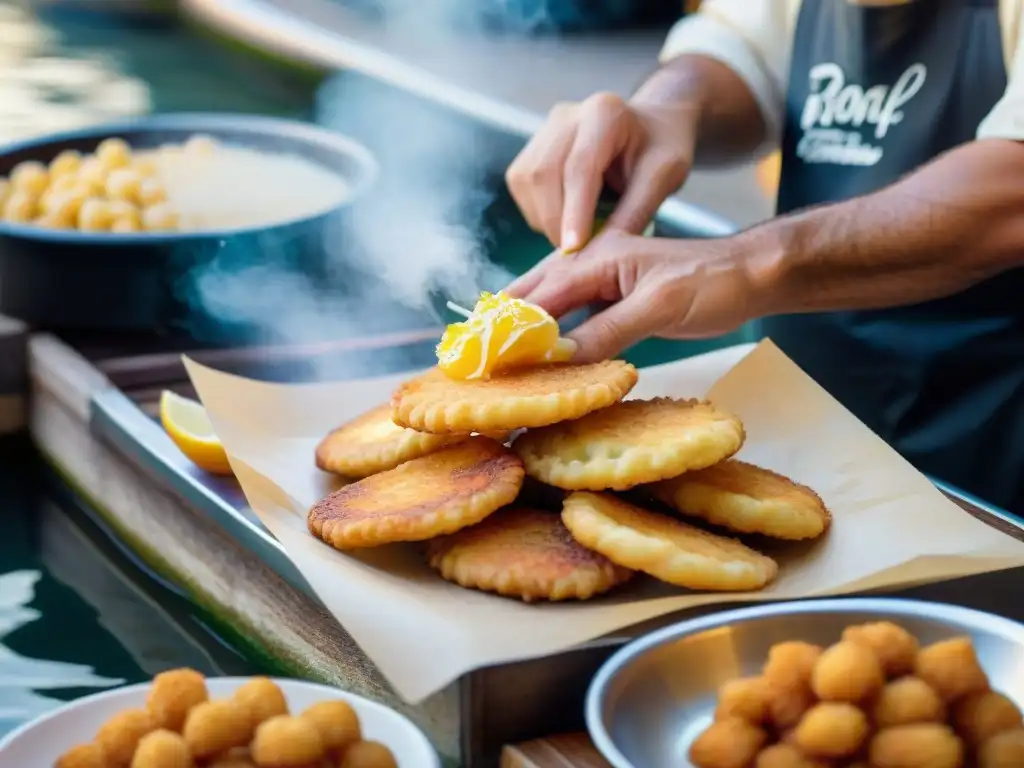 Un maestro preparando baccalà fritto en Venecia, resaltando la fritura dorada y el ambiente callejero veneciano