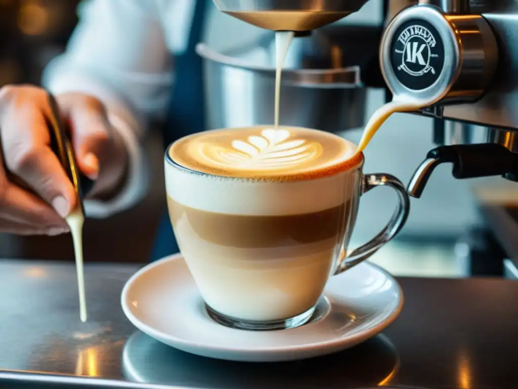 Un maestro barista italiano vierte con destreza la leche vaporizada en un espresso, creando arte latte