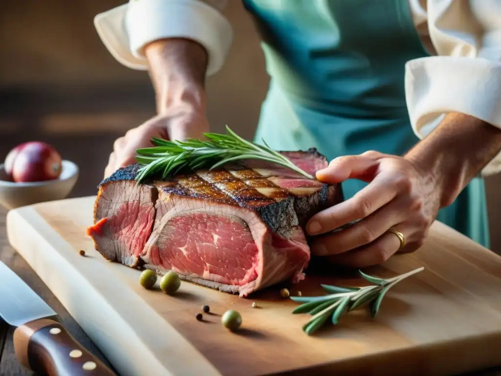 Un maestro carnicero prepara con destreza un suculento bistec Fiorentina en la campiña toscana al atardecer