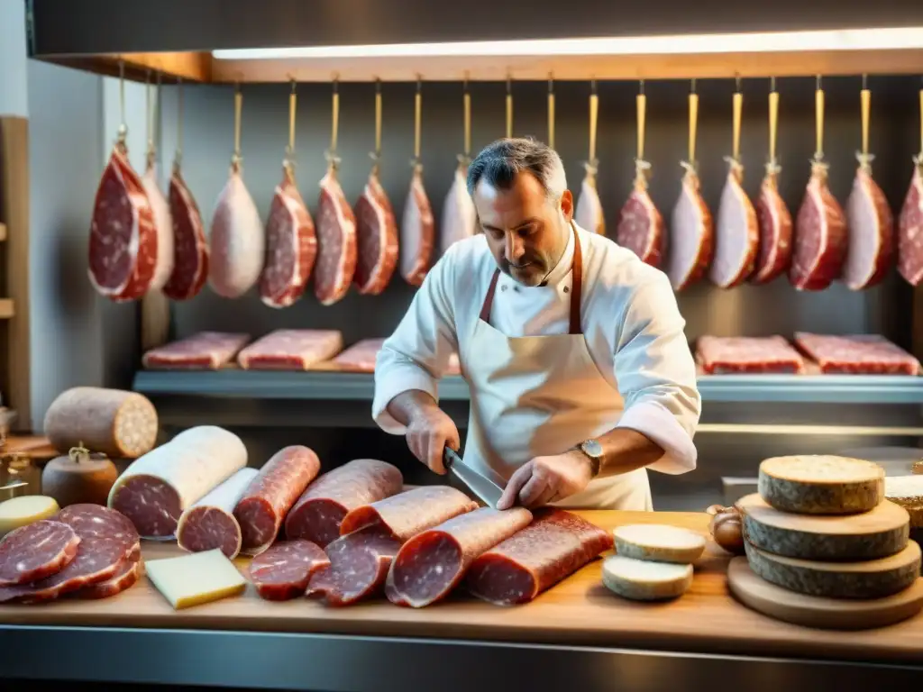 Un maestro carnicero preparando embutidos italianos tradicionales en el campo