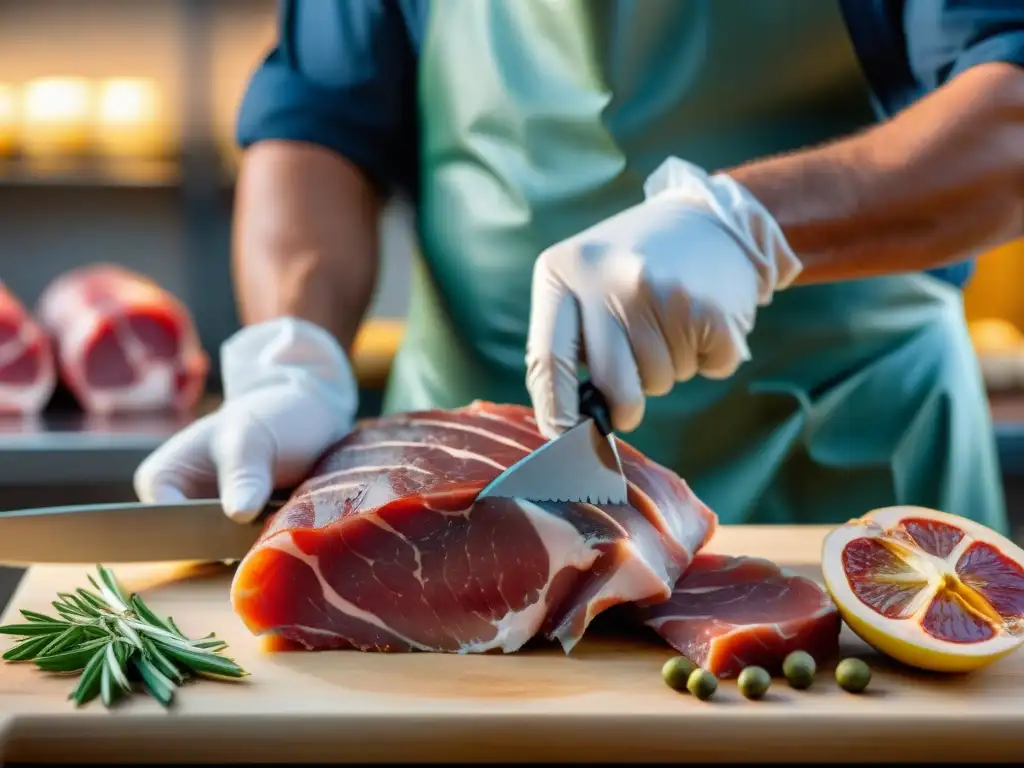 Un maestro carnicero experto utilizando técnicas modernas de curado de prosciutto para preparar una pierna de cerdo marmoleada