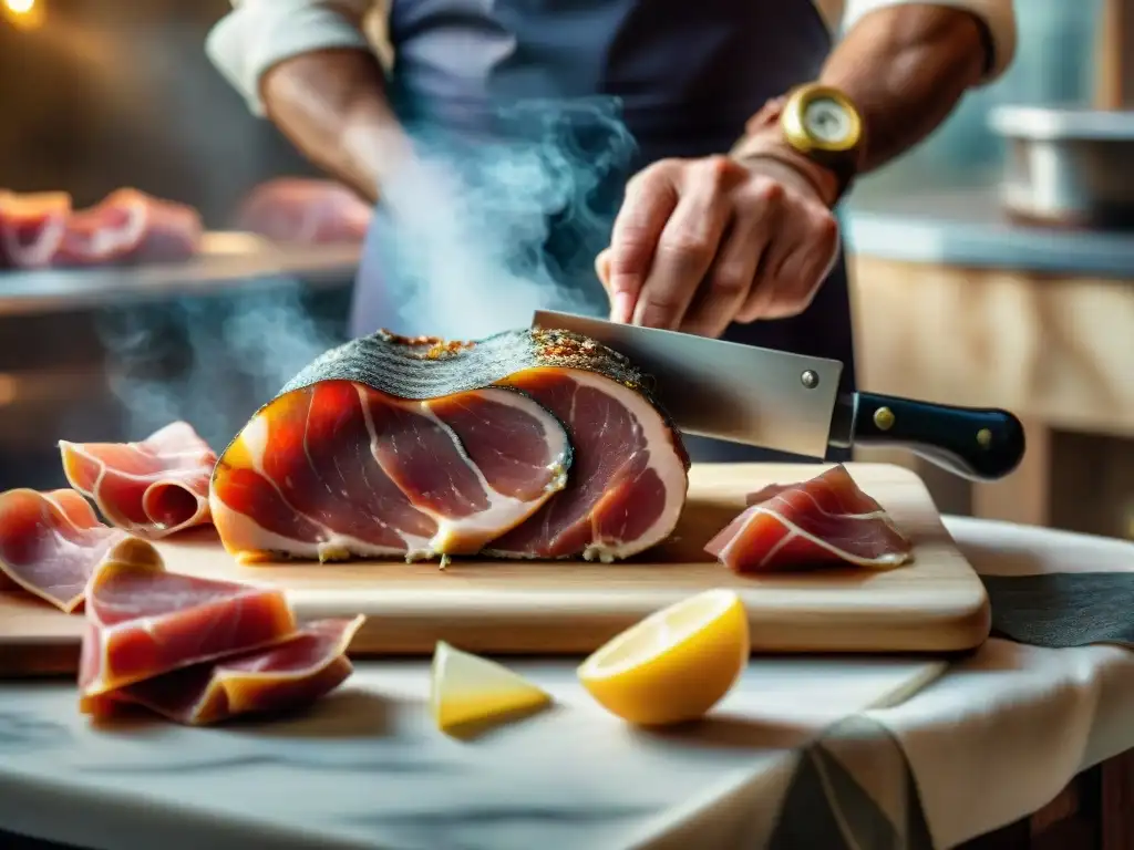 Un maestro carnicero italiano cortando prosciutto con una antigua máquina, resaltando la conservación al estilo italiano