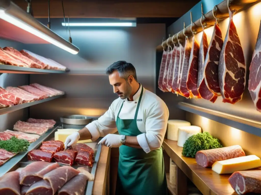 Un maestro carnicero italiano selecciona y prepara cuidadosamente carnes y embutidos italianos tradicionales en una bodega antigua