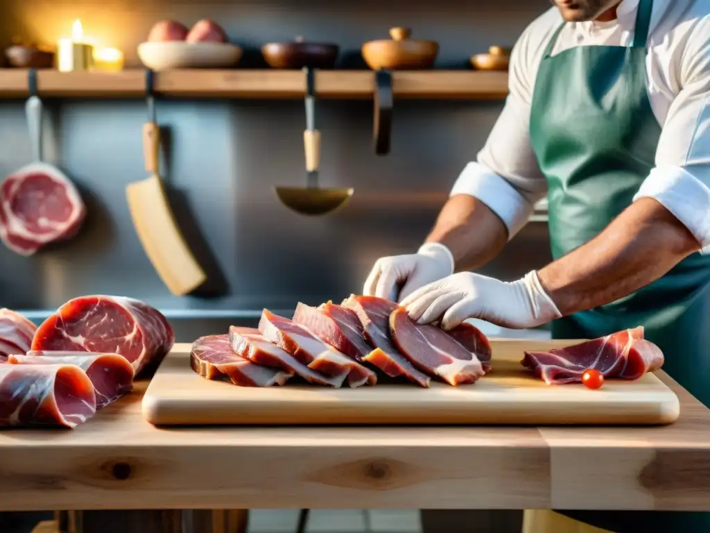 Un maestro carnicero italiano cortando expertamente carnes premium en una cocina rústica