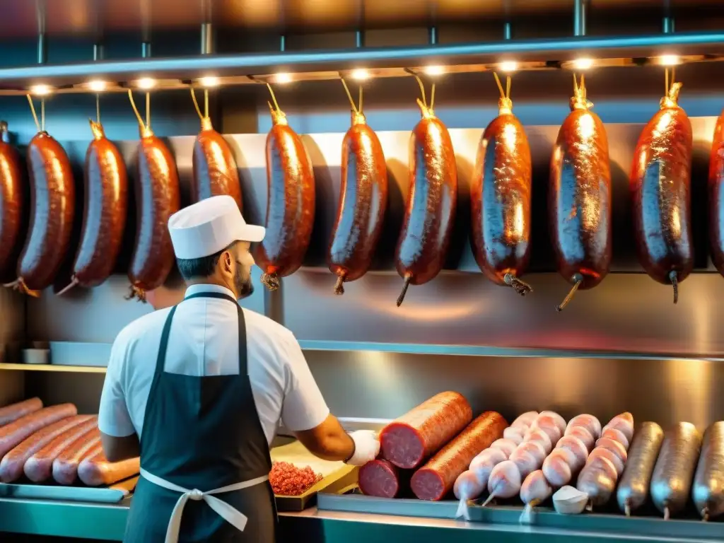 Un maestro carnicero italiano prepara Embutidos IGP en una carnicería tradicional