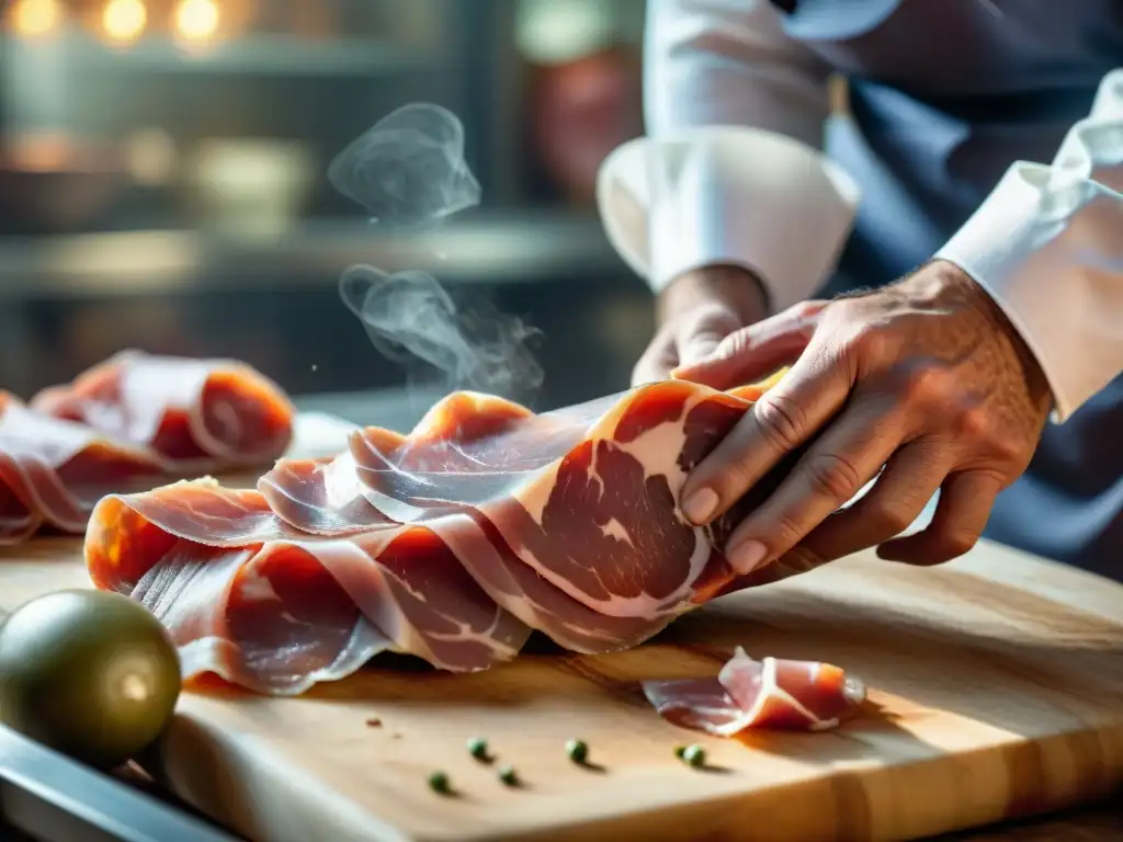 Un maestro carnicero italiano experto preparando Prosciutto di Parma, resaltando el origen y preparación del Prosciutto