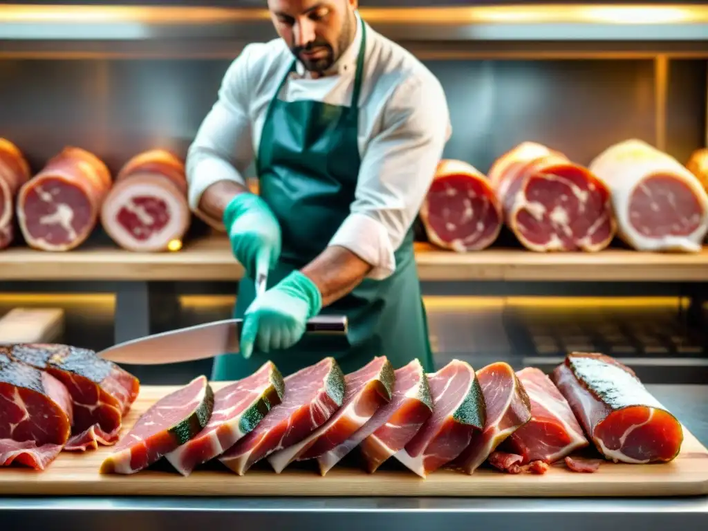 Un maestro carnicero italiano cortando expertamente prosciutto di Parma, resaltando la conservación de carnes italianas tradicionales